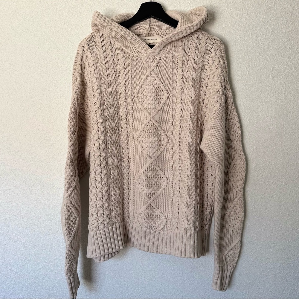 AEROPOSTALE Men's Cream Cable Knit Hoodie Sweater